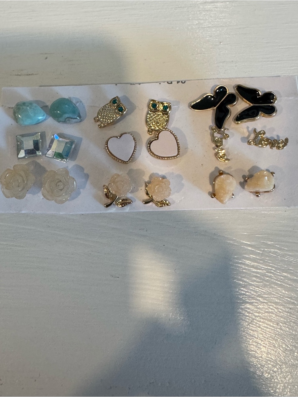 9 Pairs Assorted Women's Stud Earring Set - White, Black, Aqua, Gold Accents
